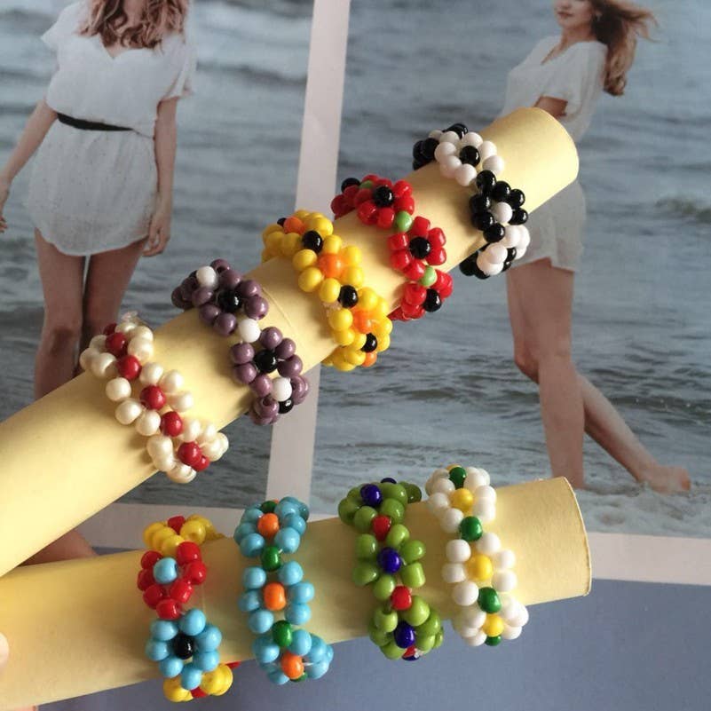HANDMADE BEADED FLOWER STRETCH RINGS