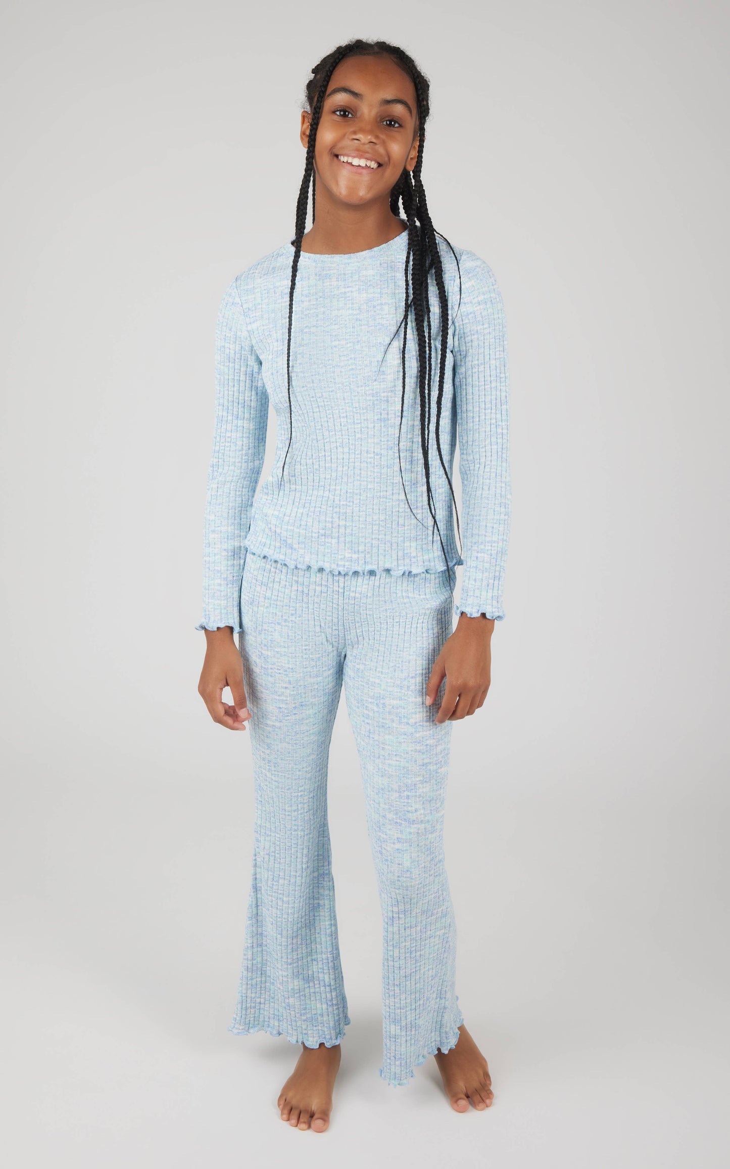 Girls Rib Knit Lettuce Edge Top and Flare Pant - Set