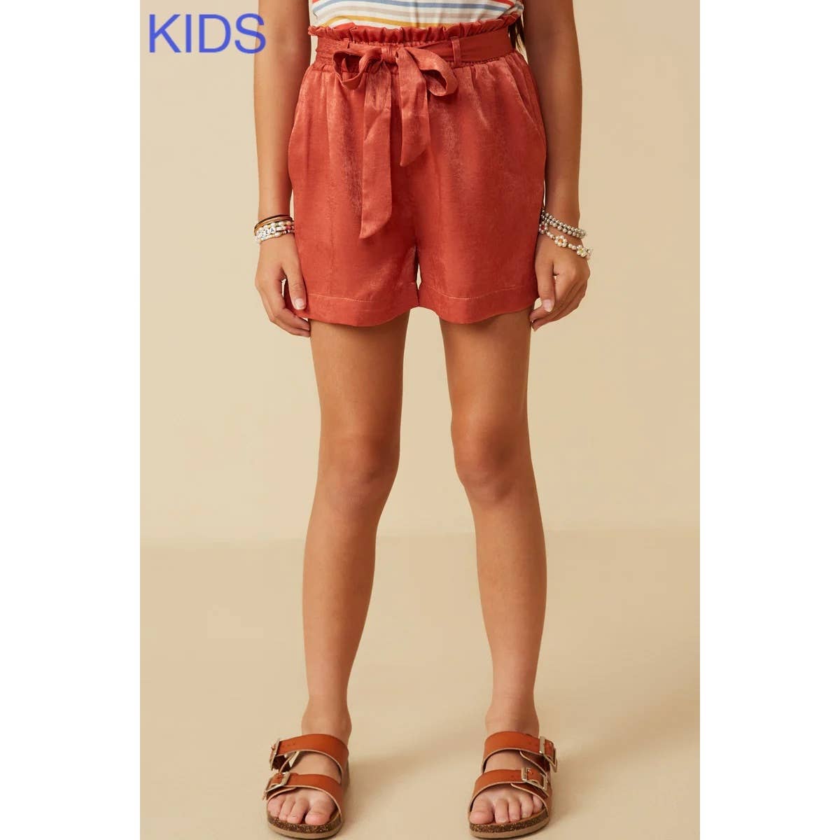 Girls Textured Satin Belted Shorts