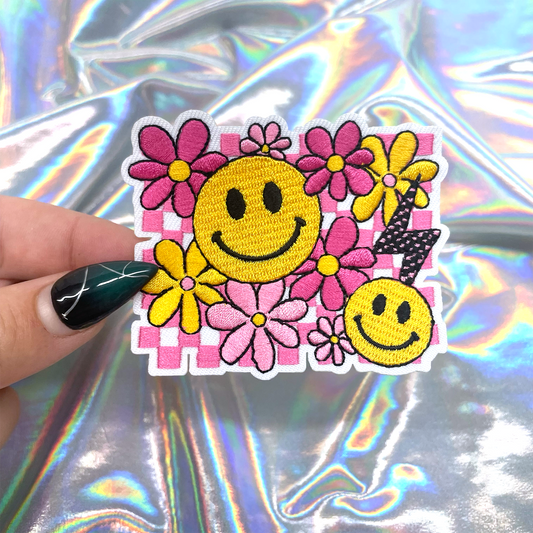 Retro Pink Checkered Flowers Iron On Patch