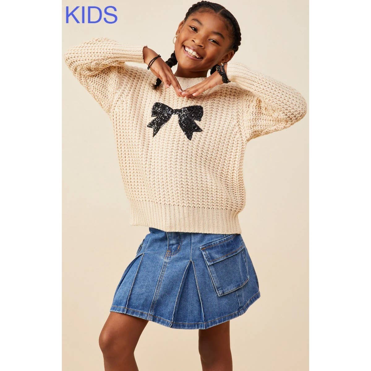 Girls Low Gauge Sweater with Sequin Bow Patch