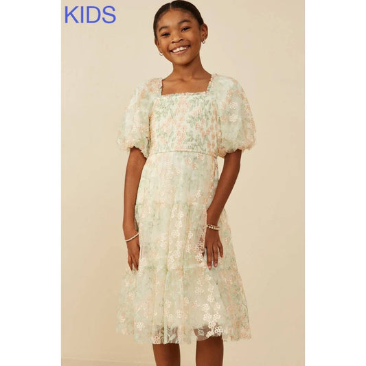 Girls Smocked Floral Mesh Lace Tiered Dress
