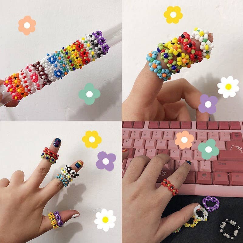 HANDMADE BEADED FLOWER STRETCH RINGS