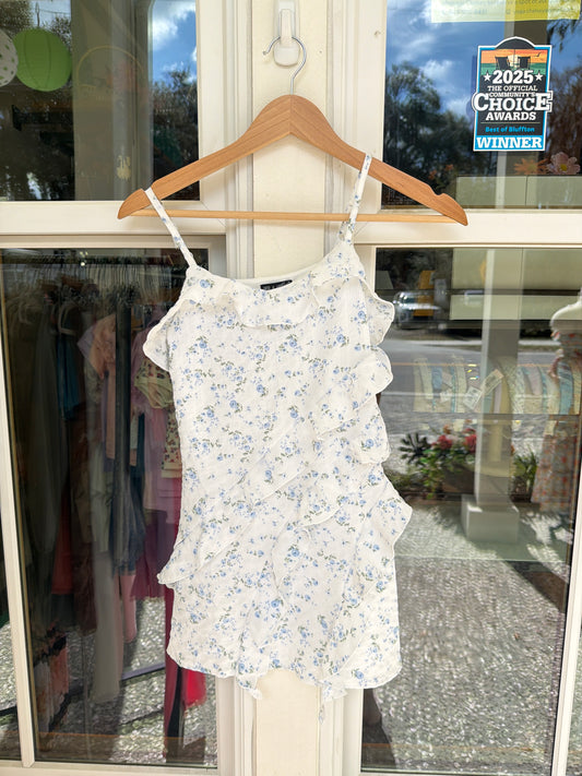 Blue & White Floral Ruffle Dress