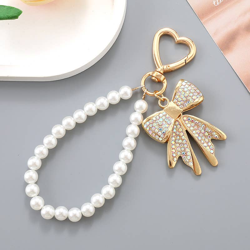 Diamond Bow Pearl Keychain