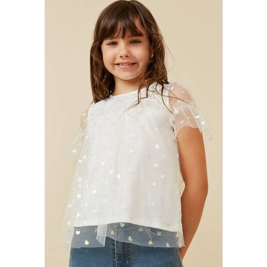 Girls Metallic Heart Foiled Mesh Top