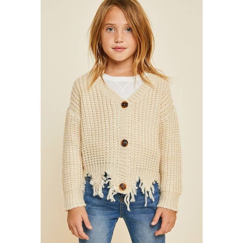 Kids Distressed Hem Button-Down Cropped Cardigan