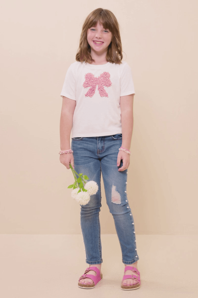 Girls Pearl Detailed Bow Knit T Shirt