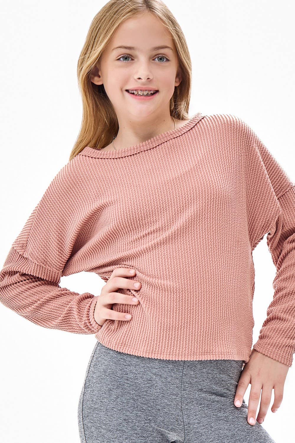 Embossed Rib Boat Neck Pullover Top