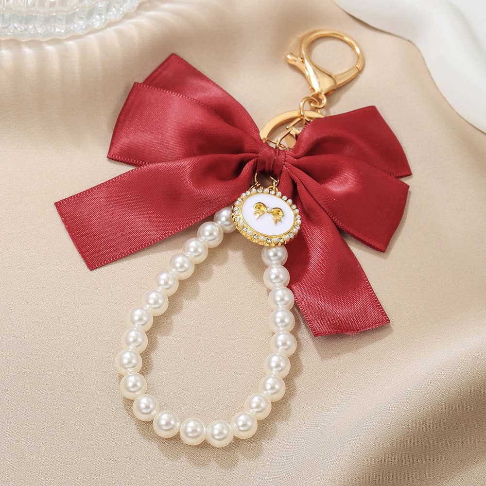 Elegant Satin Bow Pearl Keychain