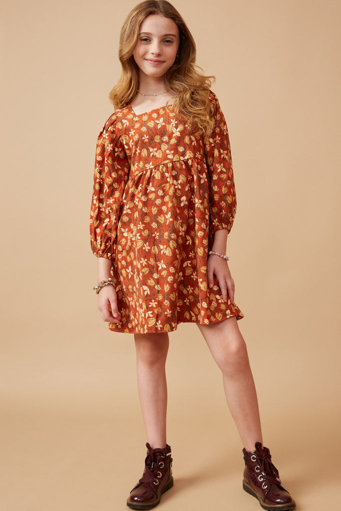 Floral Printed Corduroy Pleated Sleeve Dress