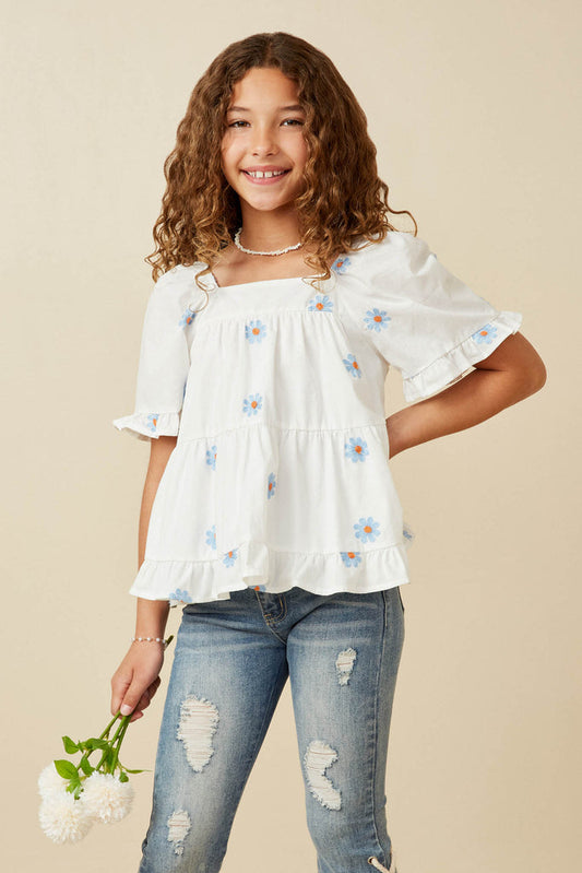 Girls Crochet Lace Trim Floral Gauze Top