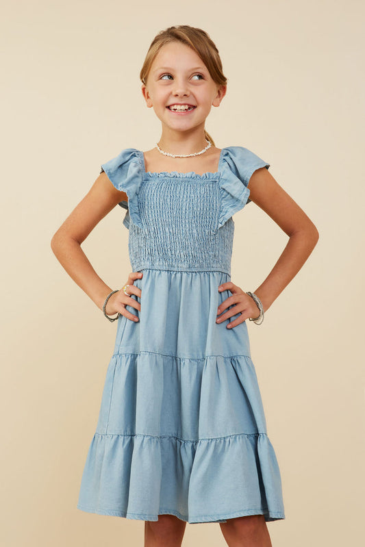 Smocked Detail Ruffled Sleeveless Tencel Dress
