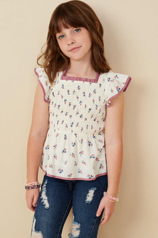 Piped Smocked Ditsy Floral Top