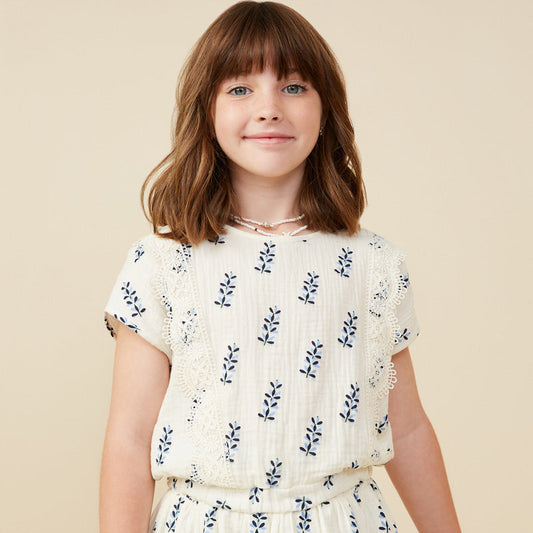 Girls Crochet Lace Trim Floral Gauze Top