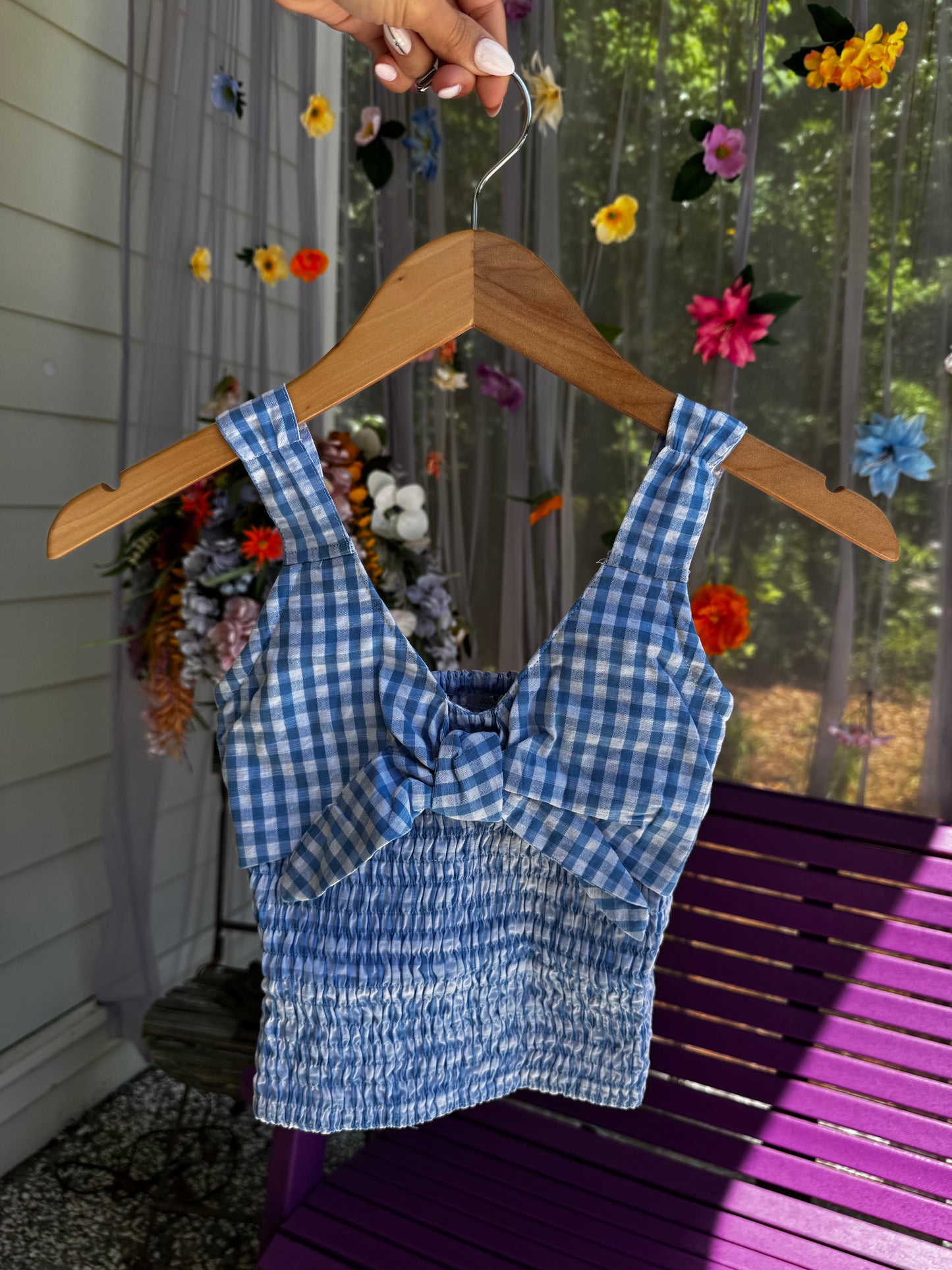 Blue Gingham Tie Smock Top