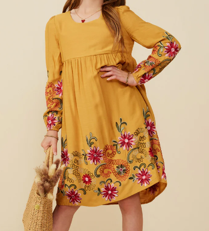 Embroidered Detail Long Sleeve Scoop Neck Dress