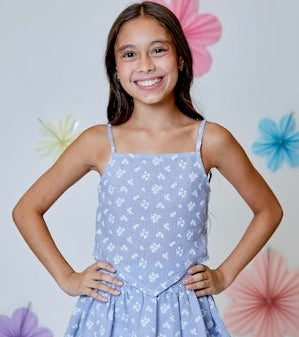Blue Gingham Flower Tank