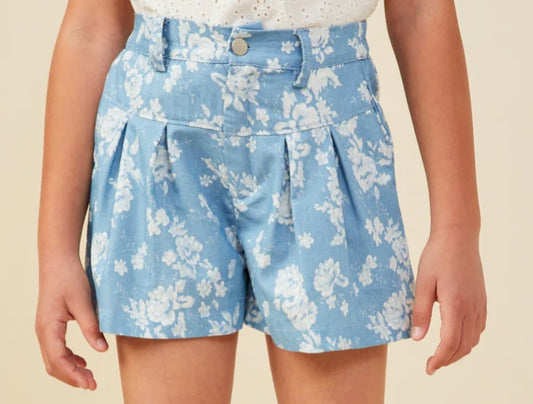 Floral Pleated Chambray Shorts