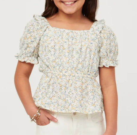Floral Printed Eyelet Top