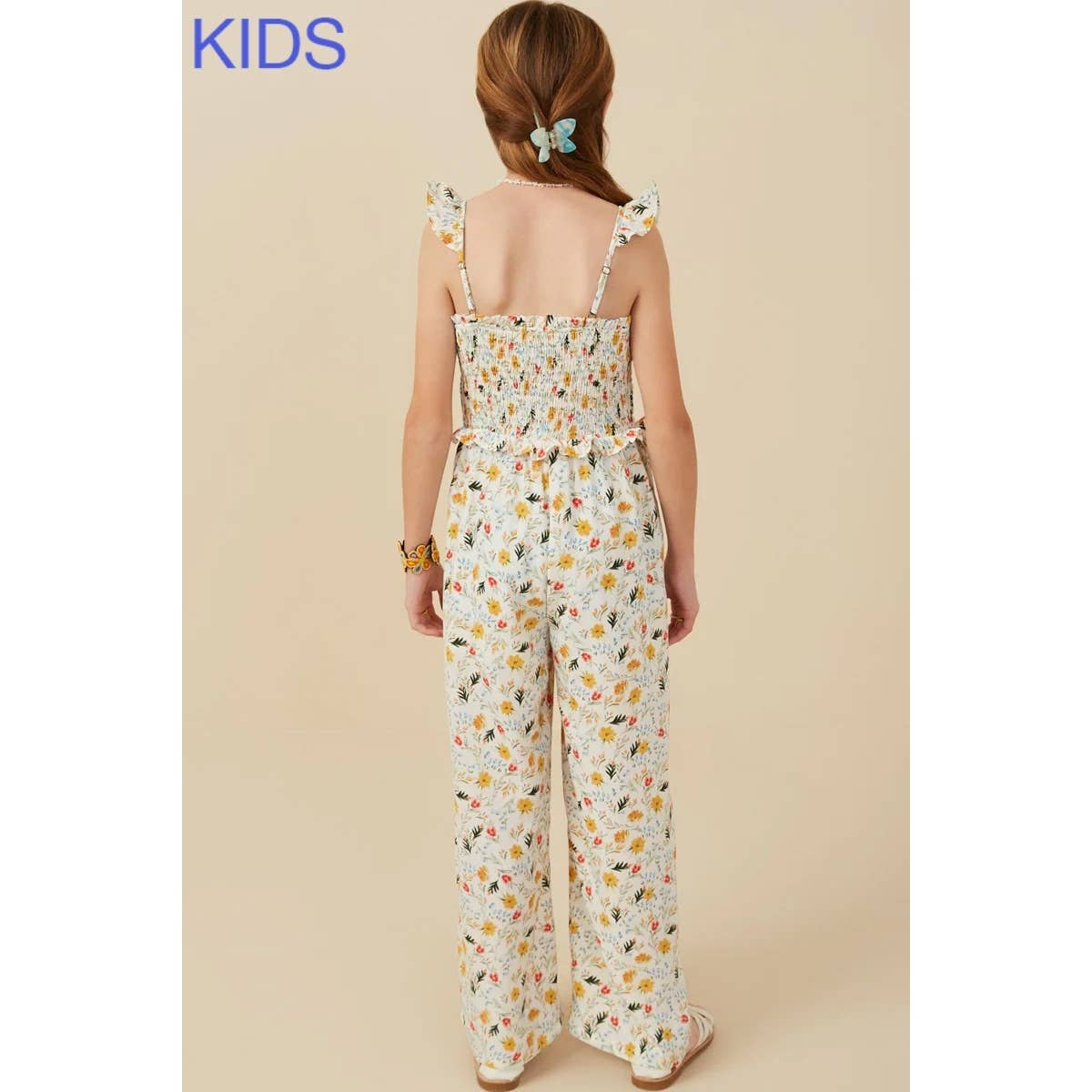 Girls Ditsy Floral Smocked Ruffle Detail Jumpsuit