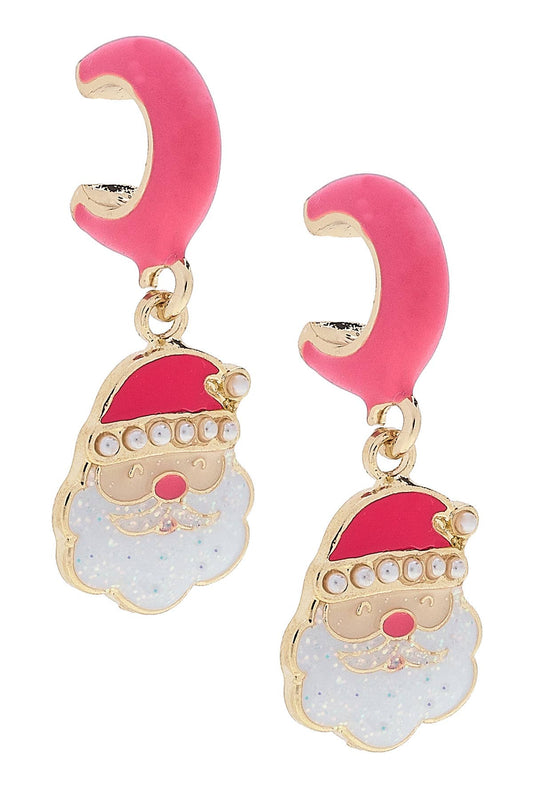 Pearl Studded Santa Face Huggie Hoop Earrings in Pink
