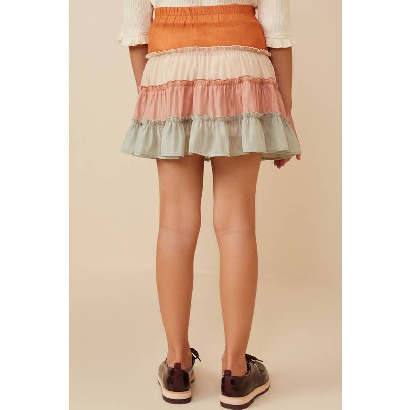 Girls Drawstring Color Blocked Textured Tier Skirt