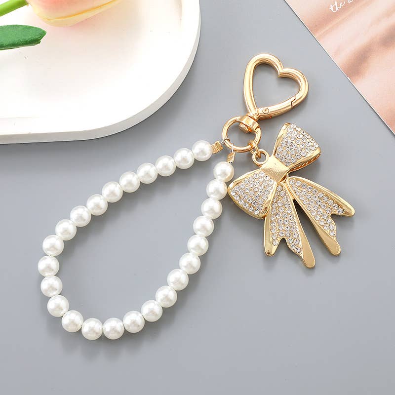 Diamond Bow Pearl Keychain