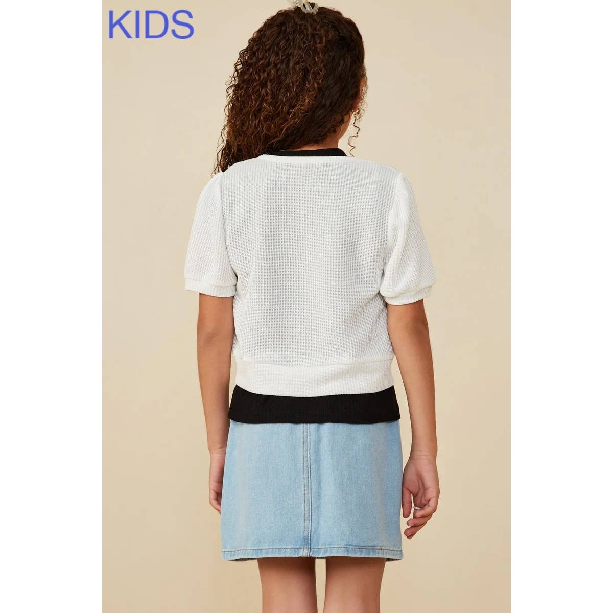 Girls Ribbed Knit Bow Detail Short Sleeve Open Top