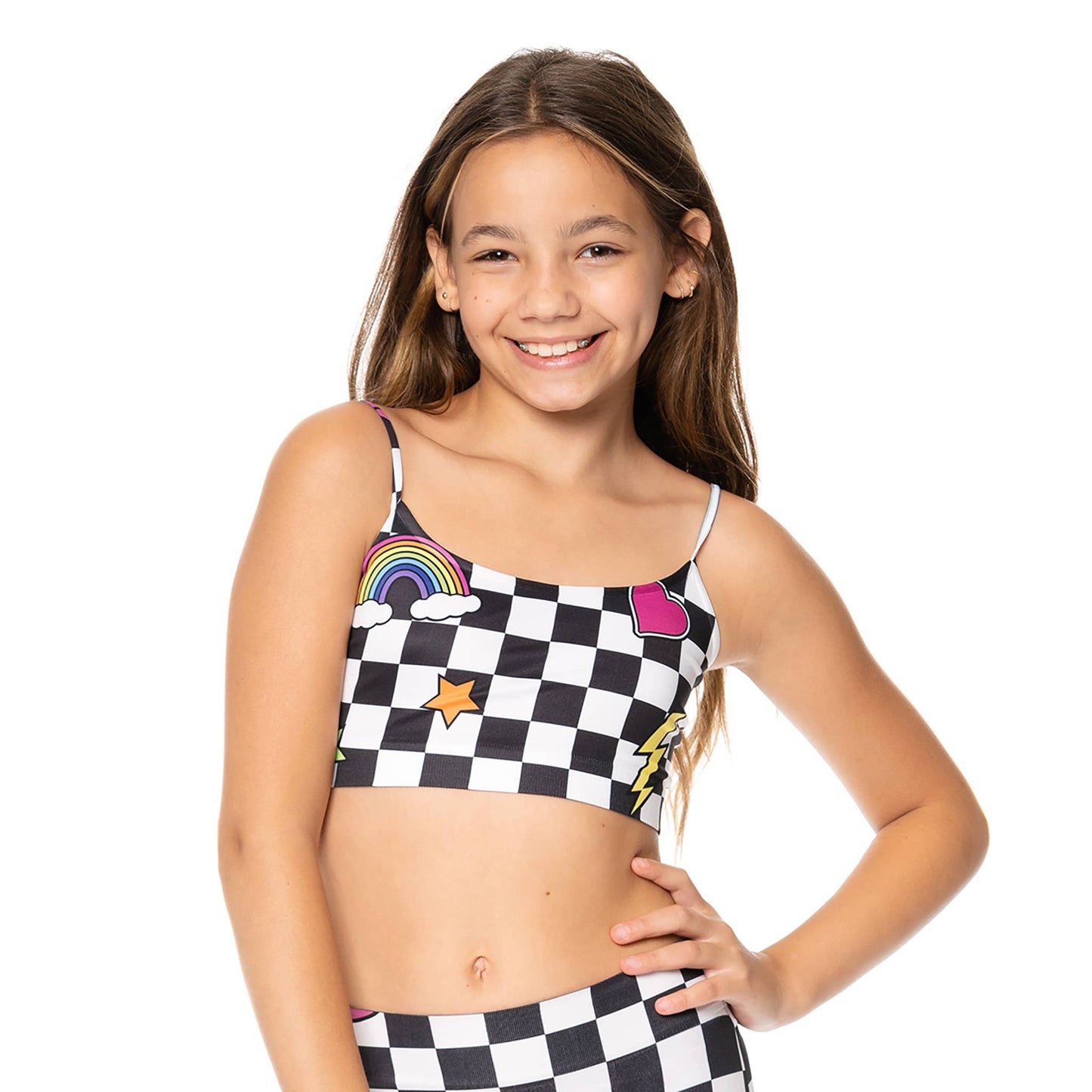 Girls (7-14) Blk & Wht Checkered w/ Icons Print