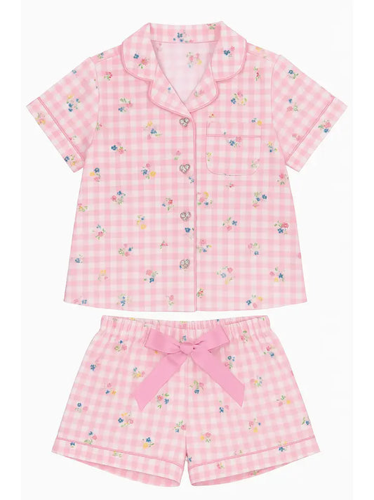 Floral Gingham Short Sleeve Satin Pajama Short Set