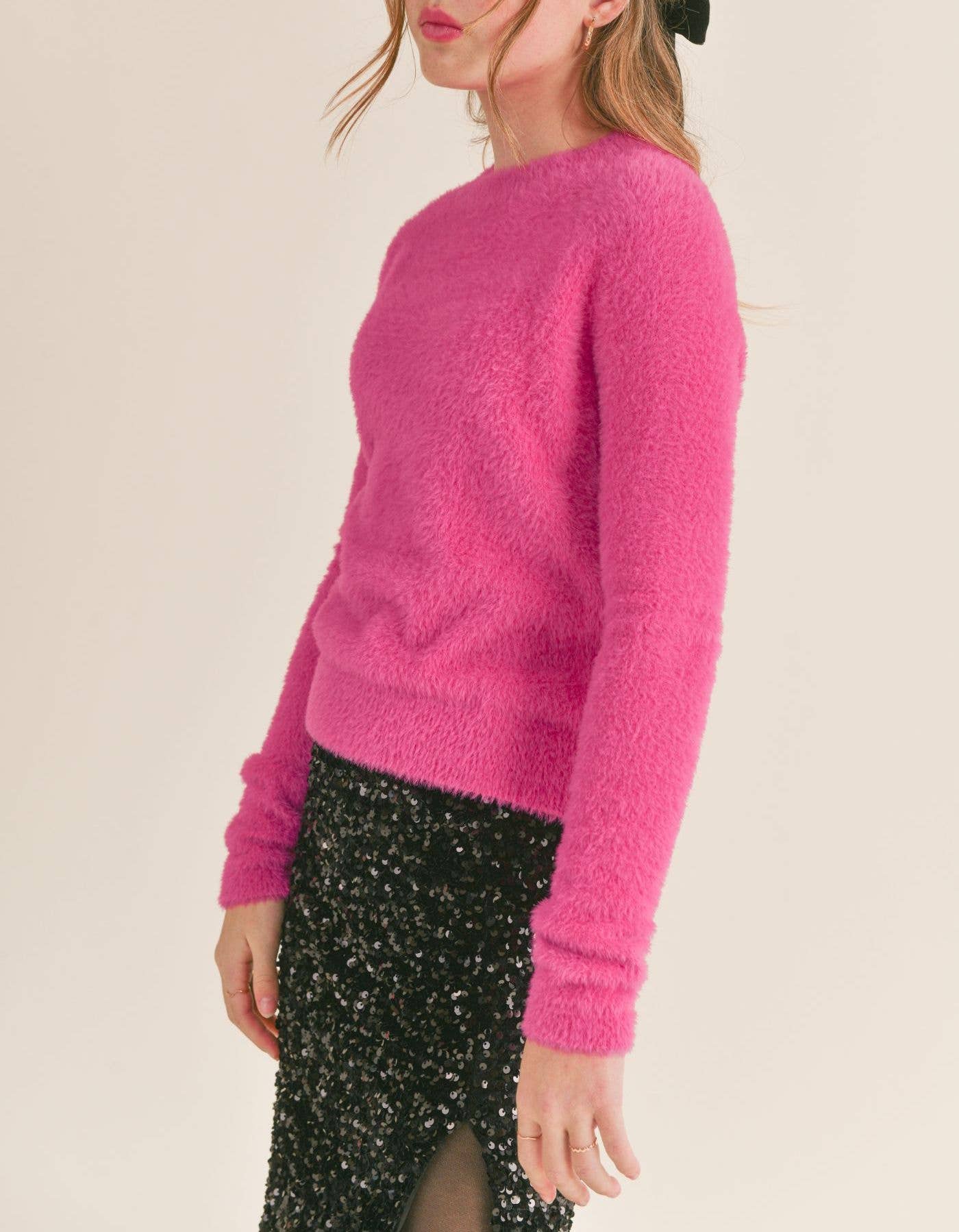 Tween Ari Fuzzy Sweater: MAGENTA