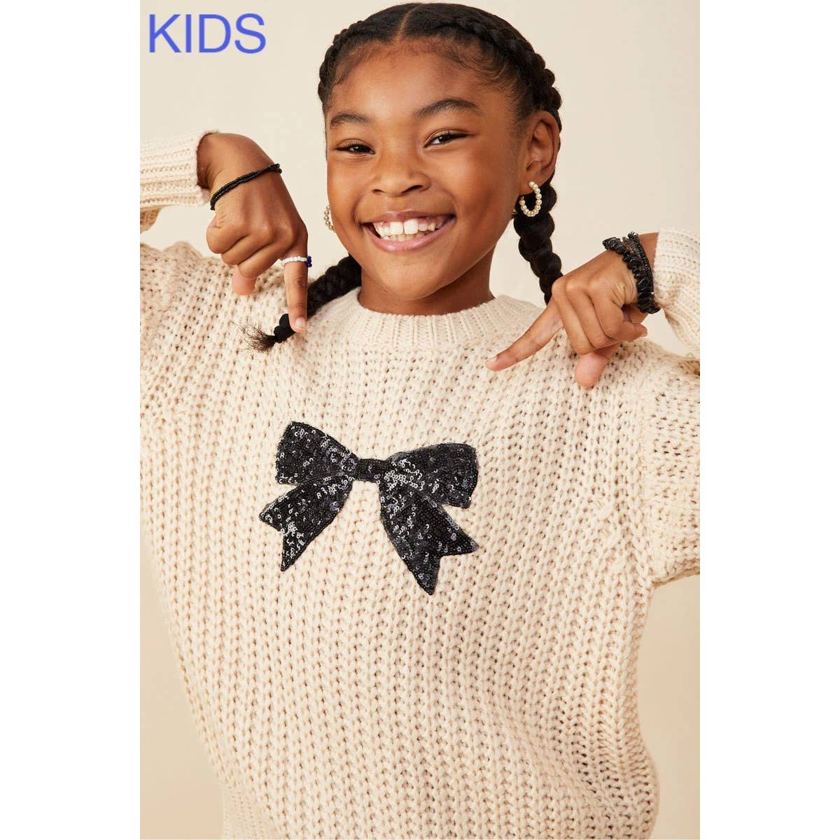 Girls Low Gauge Sweater with Sequin Bow Patch