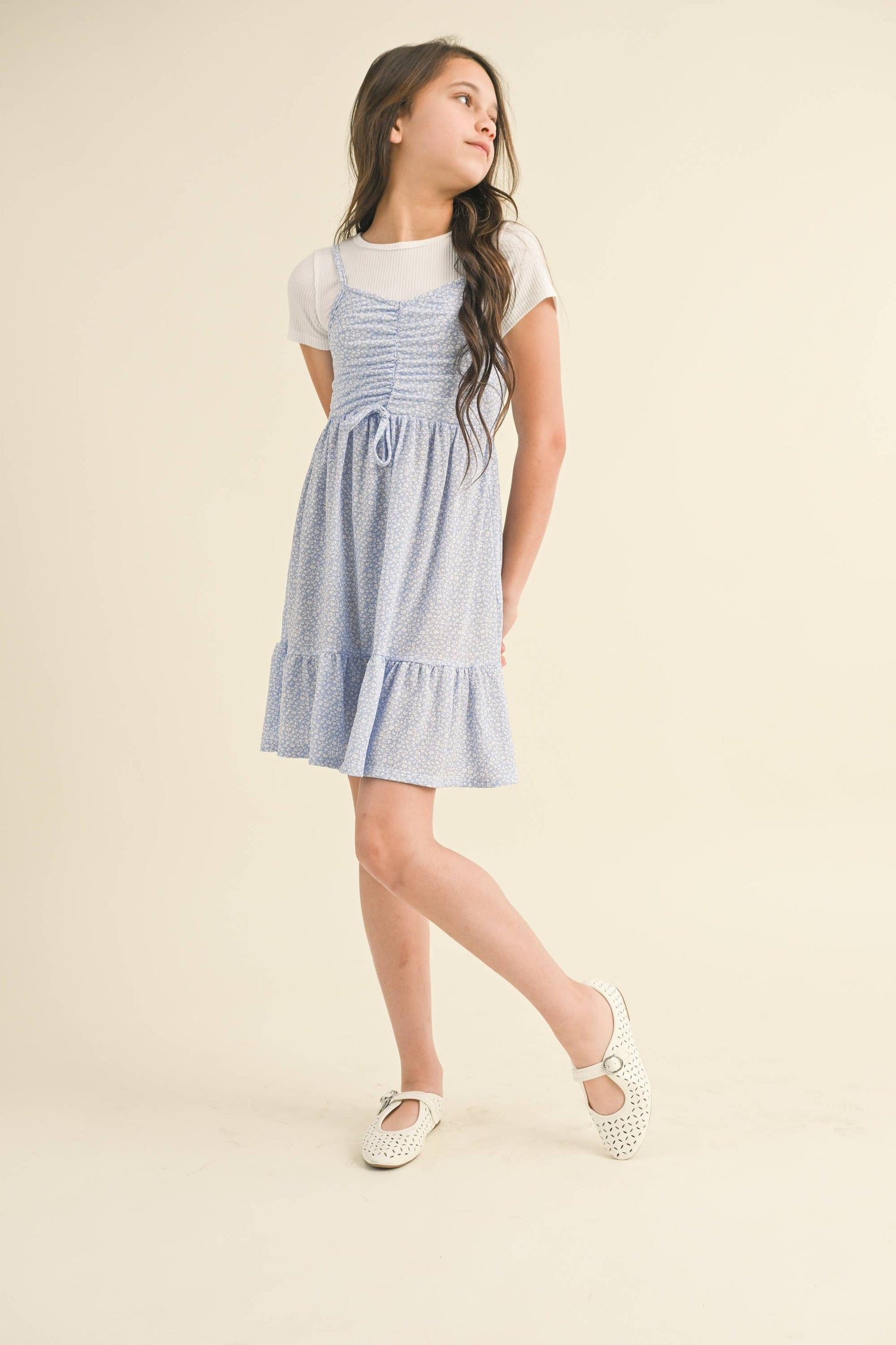 GIRLS FAUX 2FER CINCHED FLOUNCE DRESS