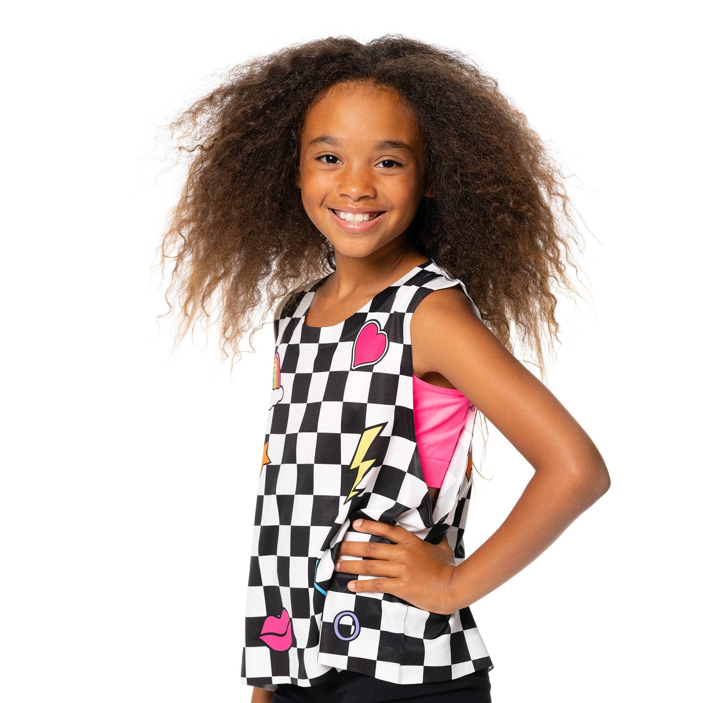 Girls (7-14) Blk & Wht Checkered w/ Icons Print