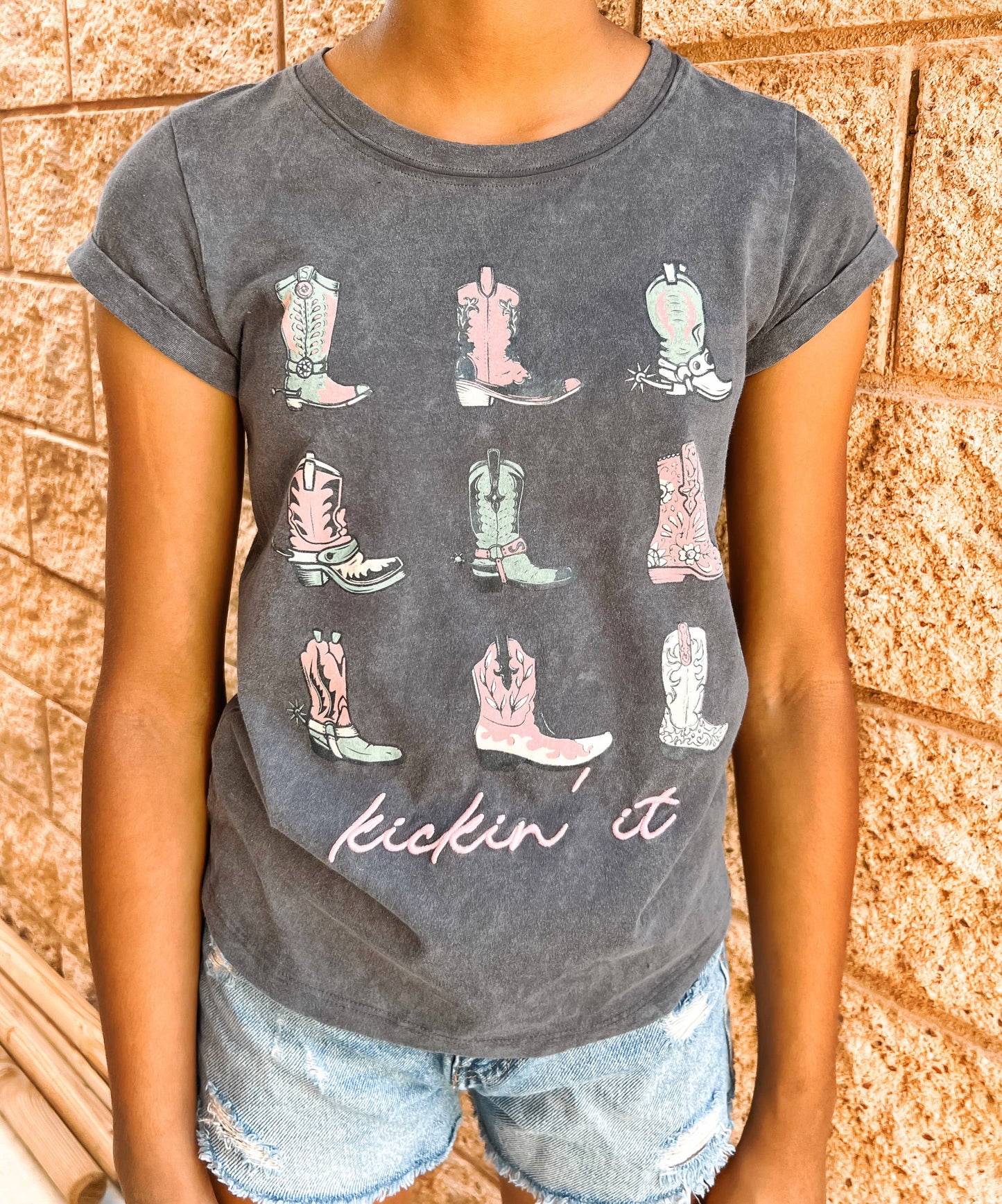 Kickin It cowboy boot tween embroidery  tee