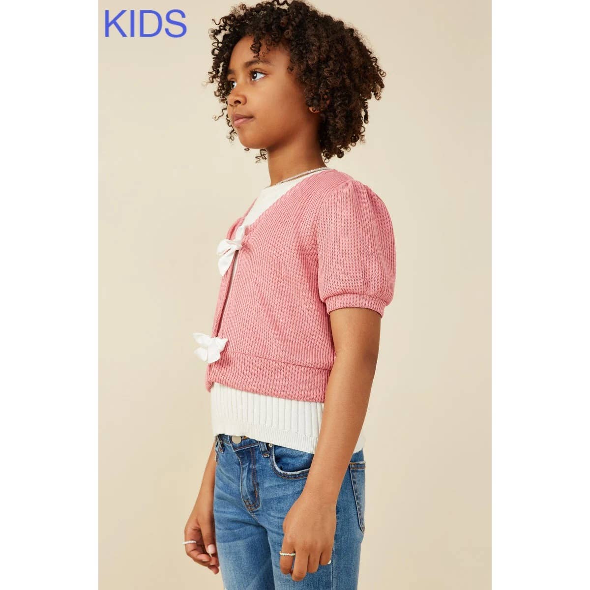 Girls Ribbed Knit Bow Detail Short Sleeve Open Top