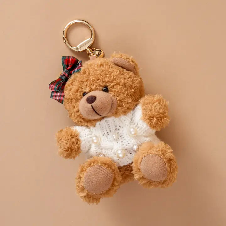 Teddy Bear Bag Charm- Pearls & Plaid