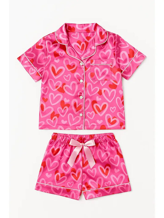Heart Short Sleeve Satin Pajama Short Set