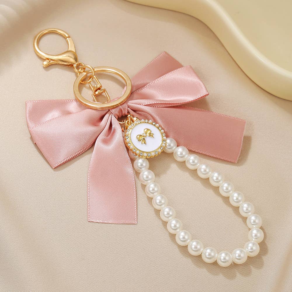 Elegant Satin Bow Pearl Keychain