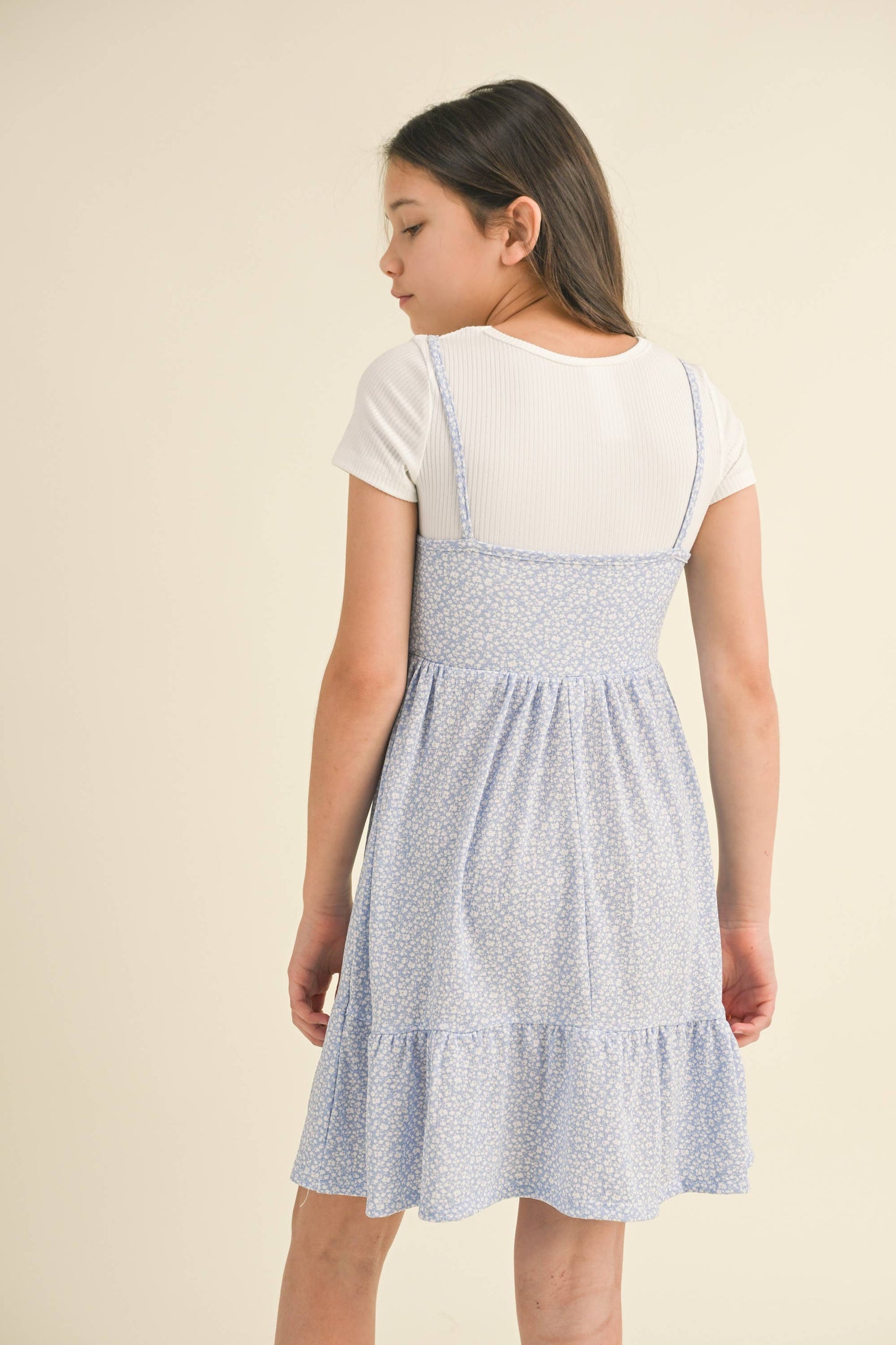 GIRLS FAUX 2FER CINCHED FLOUNCE DRESS