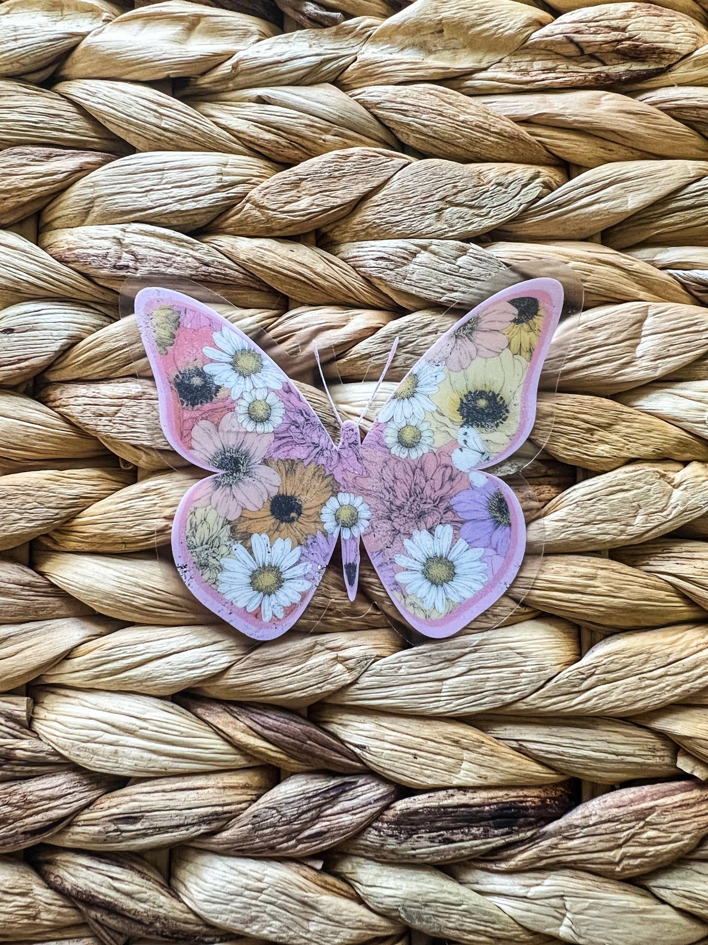 Pink Floral Butterfly Spring, Clear Vinyl , Sticker, 3 in.