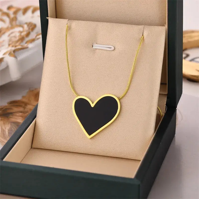 Large Heart Black Pendant Necklace in Gold or Silver