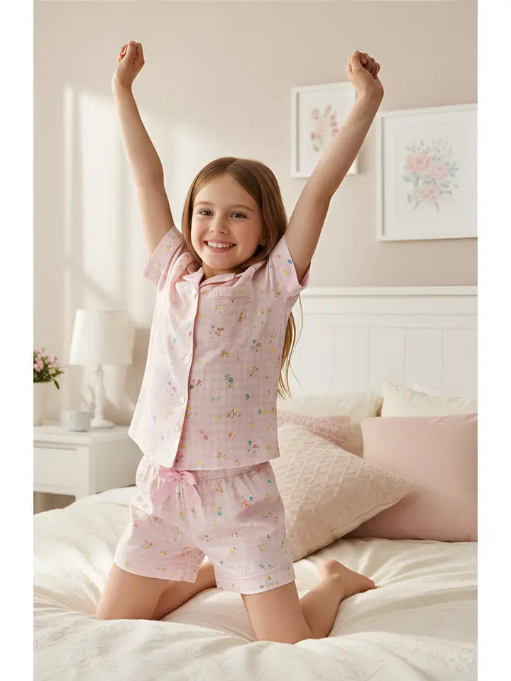 Floral Gingham Short Sleeve Satin Pajama Short Set