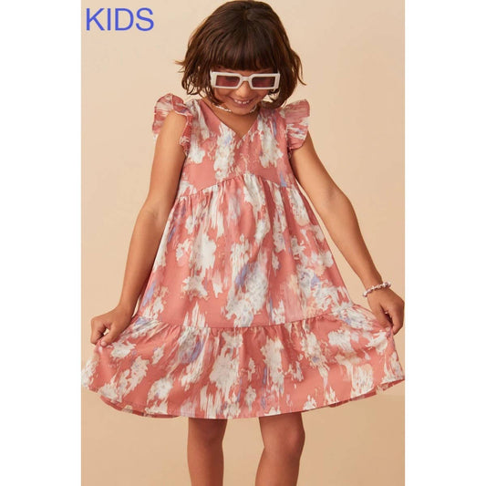 Girls Watercolor V Neck Tiered Ruffled Dress