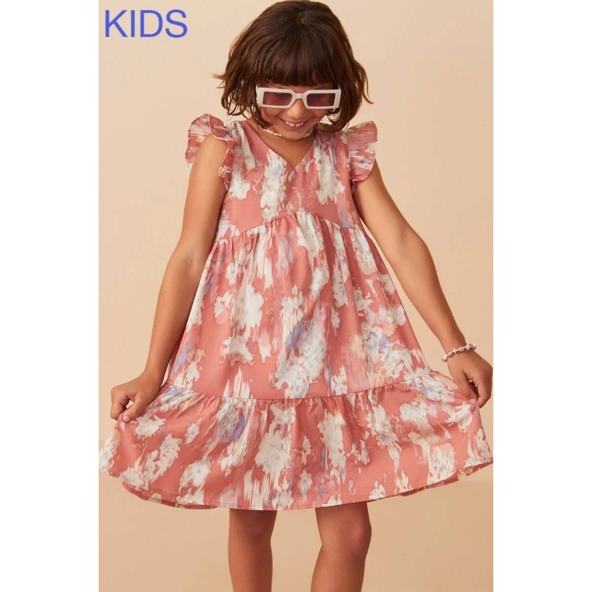 Girls Watercolor V Neck Tiered Ruffled Dress