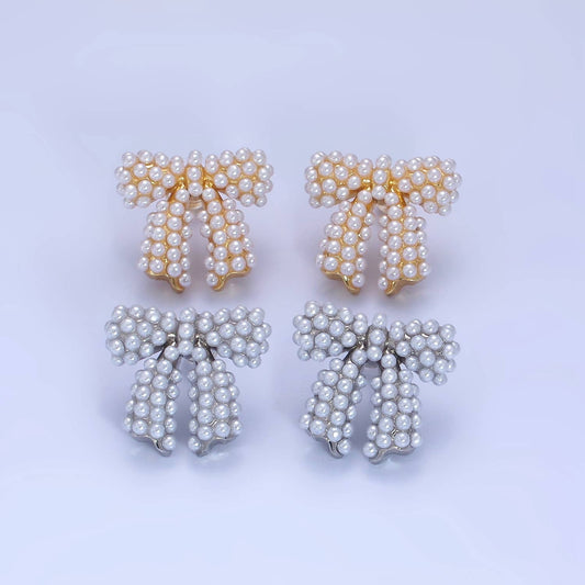Pearl Ribbon Bow Stud Earrings