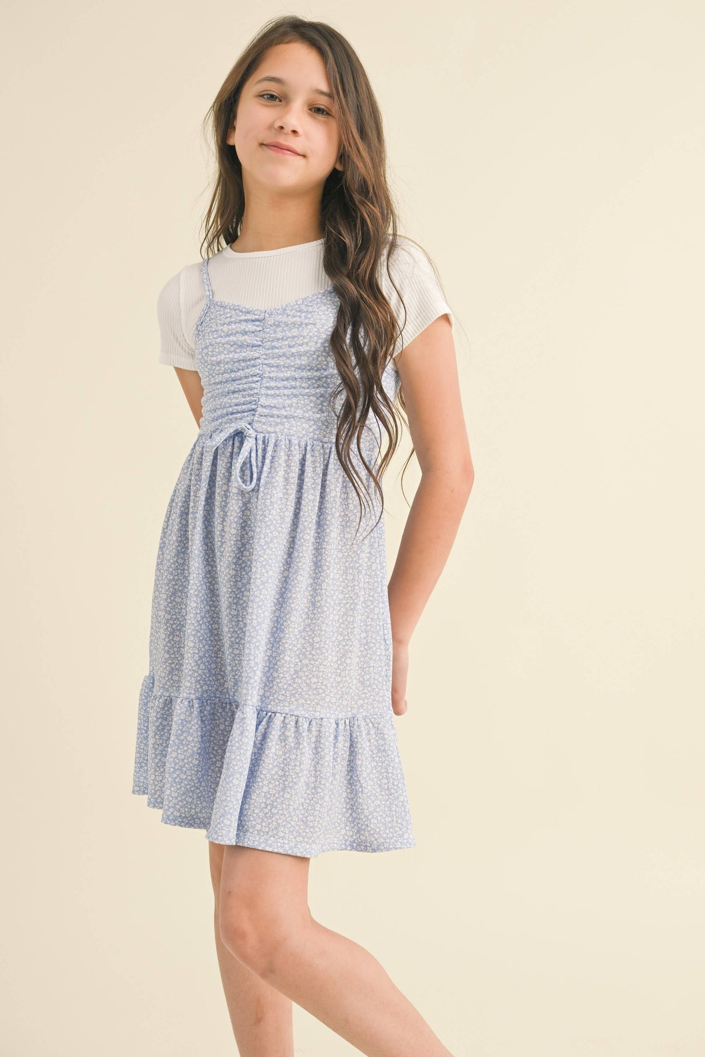 GIRLS FAUX 2FER CINCHED FLOUNCE DRESS