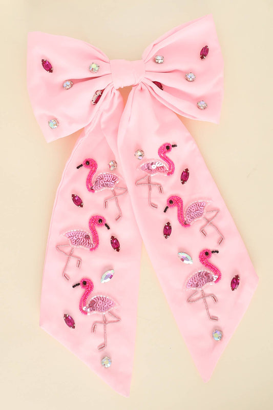 Pink Flamingo Jeweled Bow Barrette Hair Clip