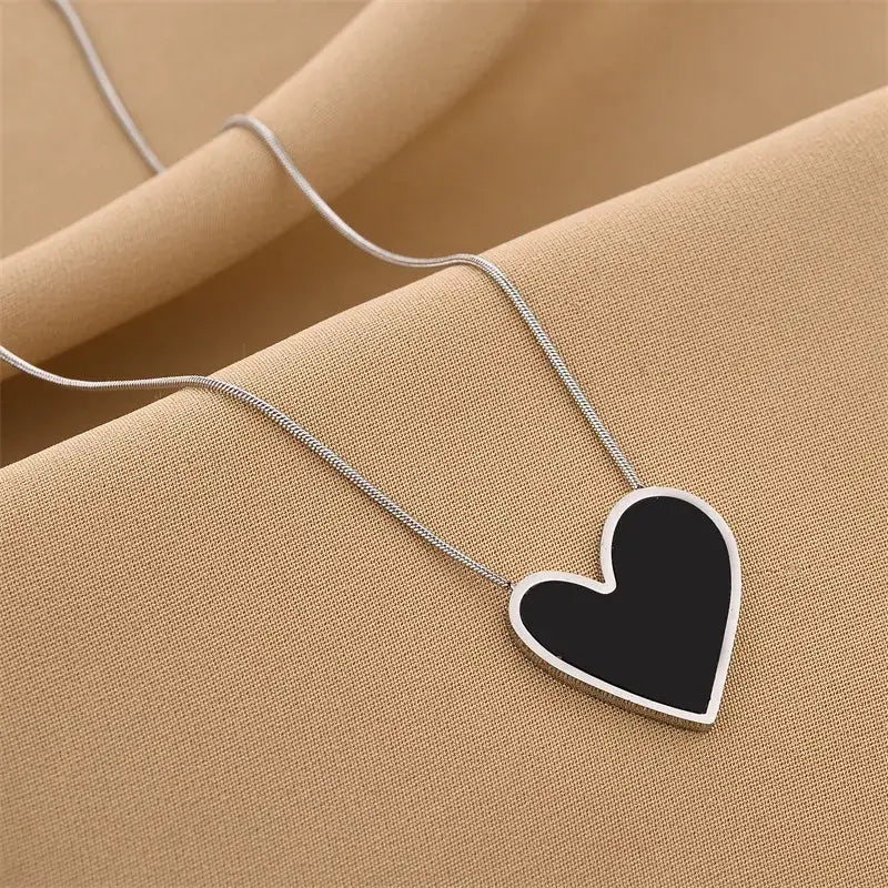 Large Heart Black Pendant Necklace in Gold or Silver